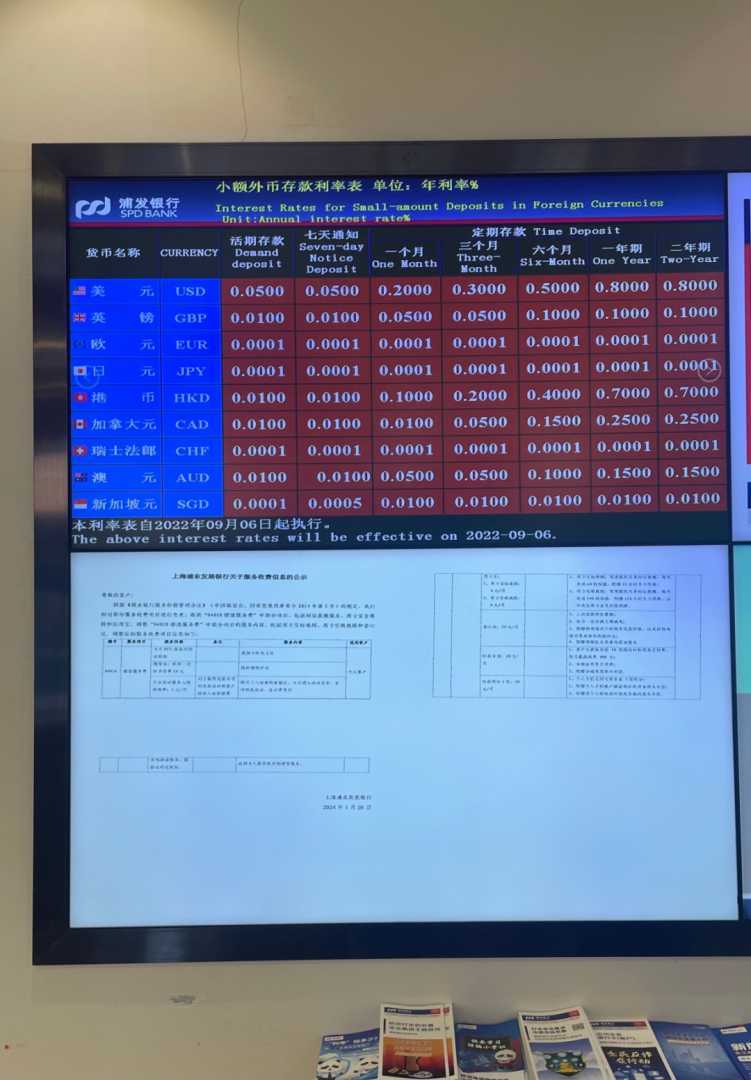 浦发银行网点外币存款利率