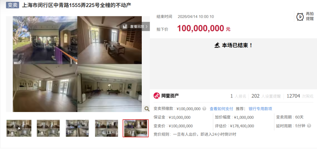 两次流拍后，上海绿城玫瑰园一幢别墅第三次以1亿元底价拍出，约为评估价5.6折