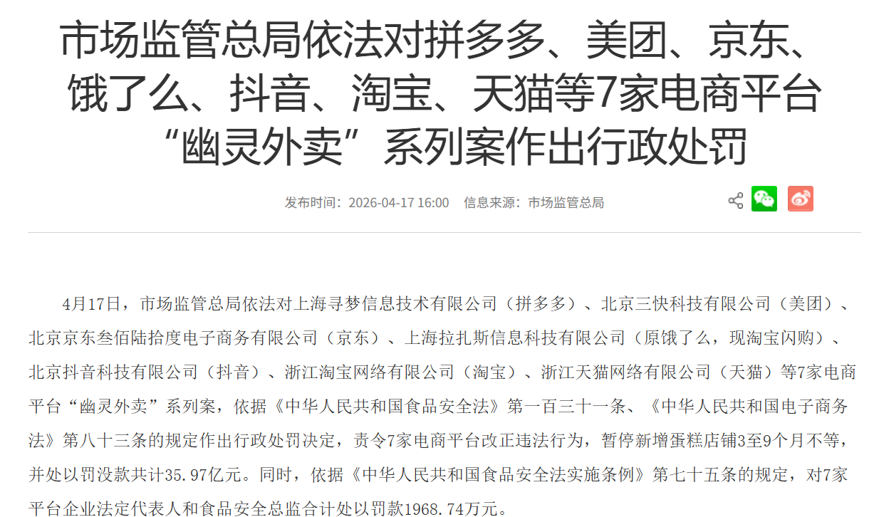 暴力抗法+食品安全失守，拼多多遭监管重罚15.2亿元创纪录