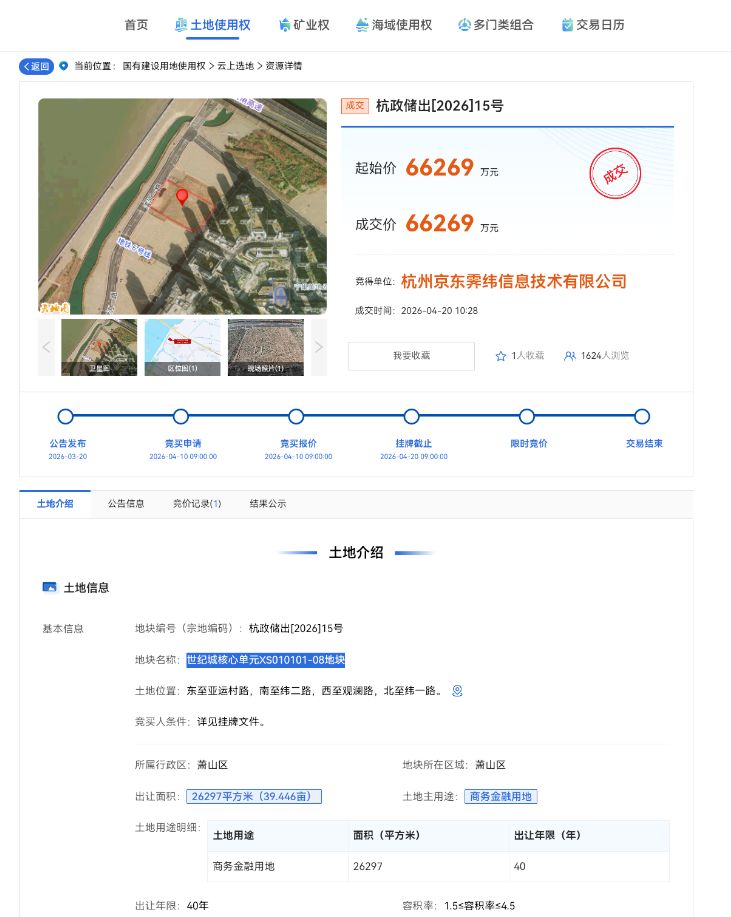 京东6.6亿元杭州拿地！钱江世纪城“世界500强”总部矩阵再添超级成员