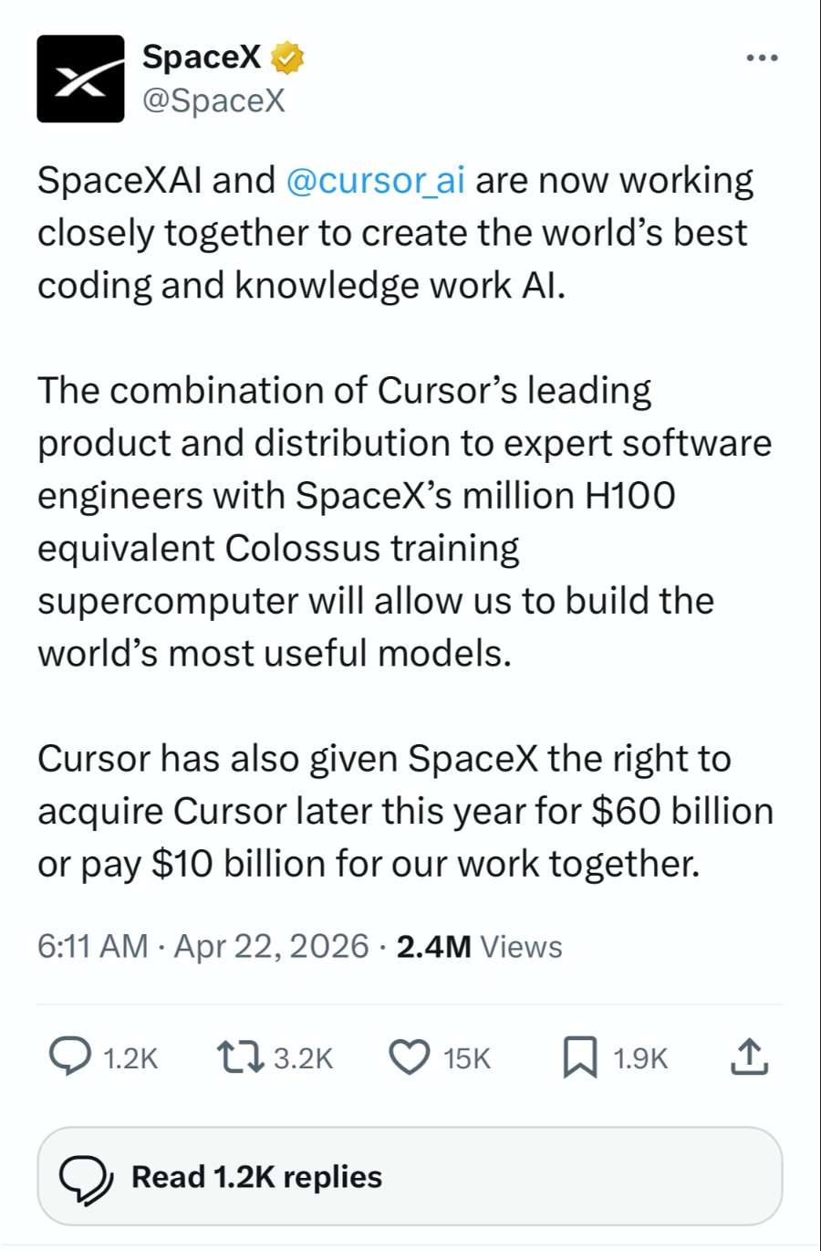 SpaceX宣布有权以600亿美元收购Cursor