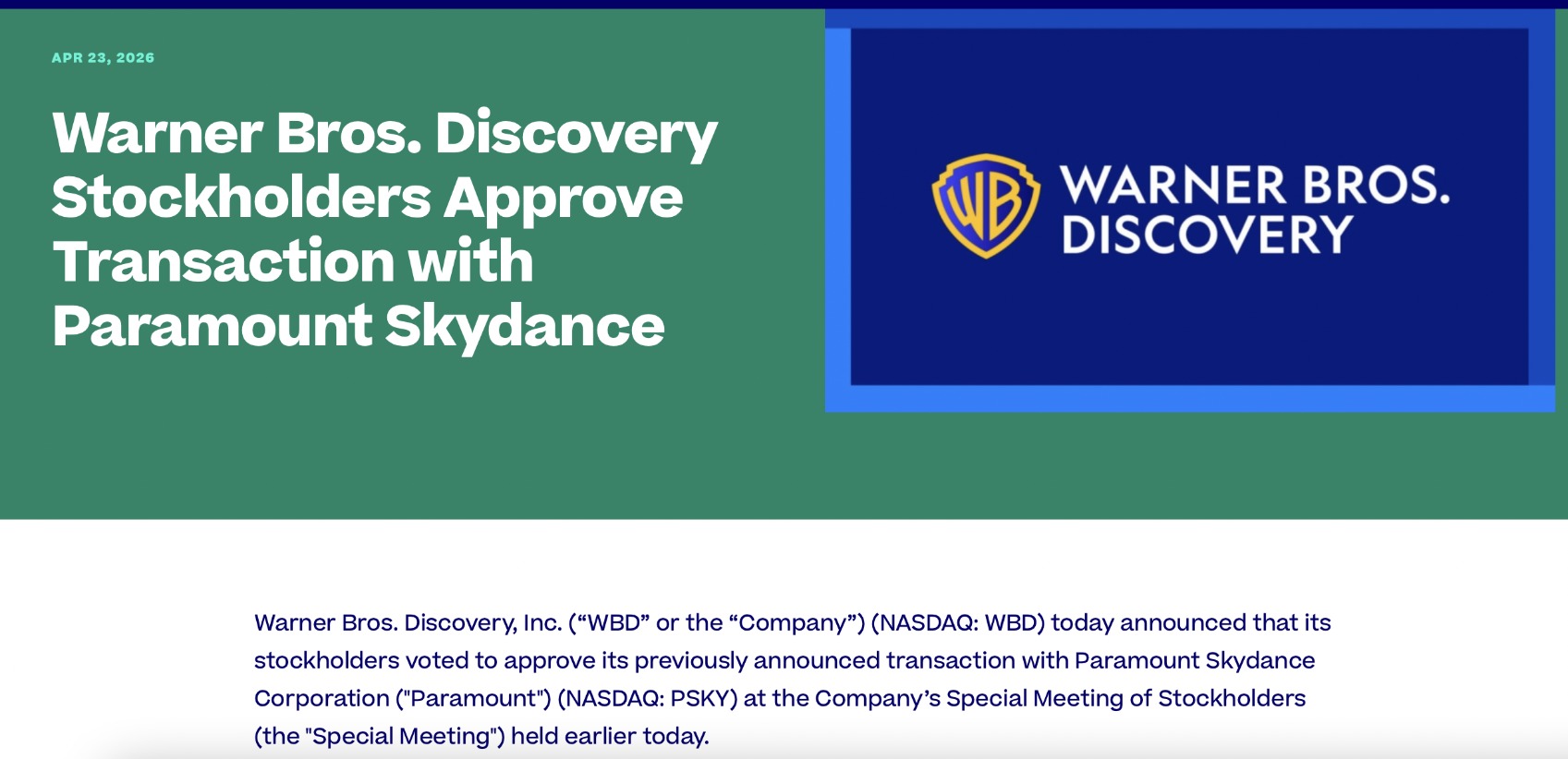 1100亿美元！华纳兄弟股东同意将公司卖给派拉蒙