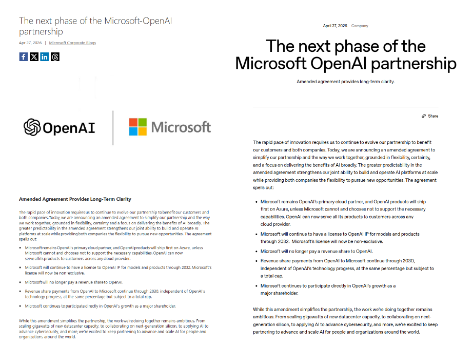 微软、OpenAI松绑合作关系 双方此前因亚马逊“插足”关系紧张
