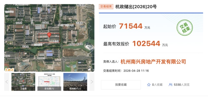 杭州5宗宅地近25亿元成交，招商溢价超43%竞得余杭区地块