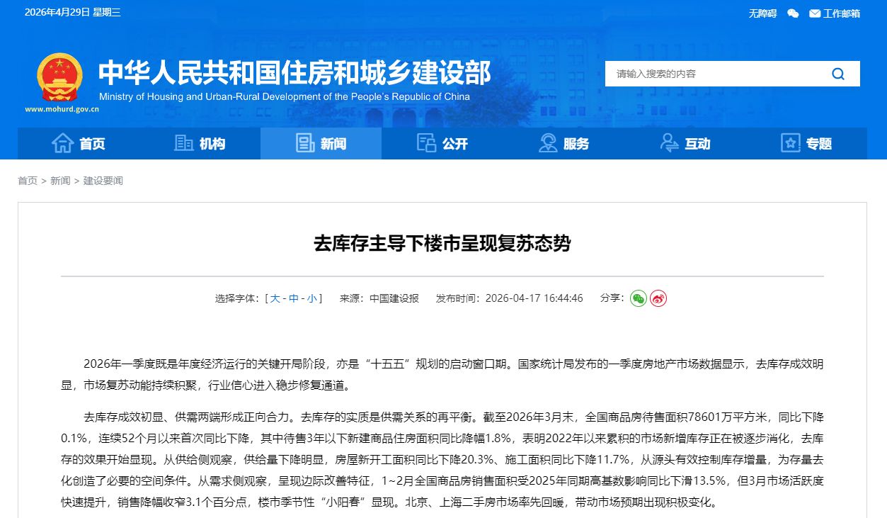 商品房库存52个月以来首次同比下降，房地产市场迎来积极信号